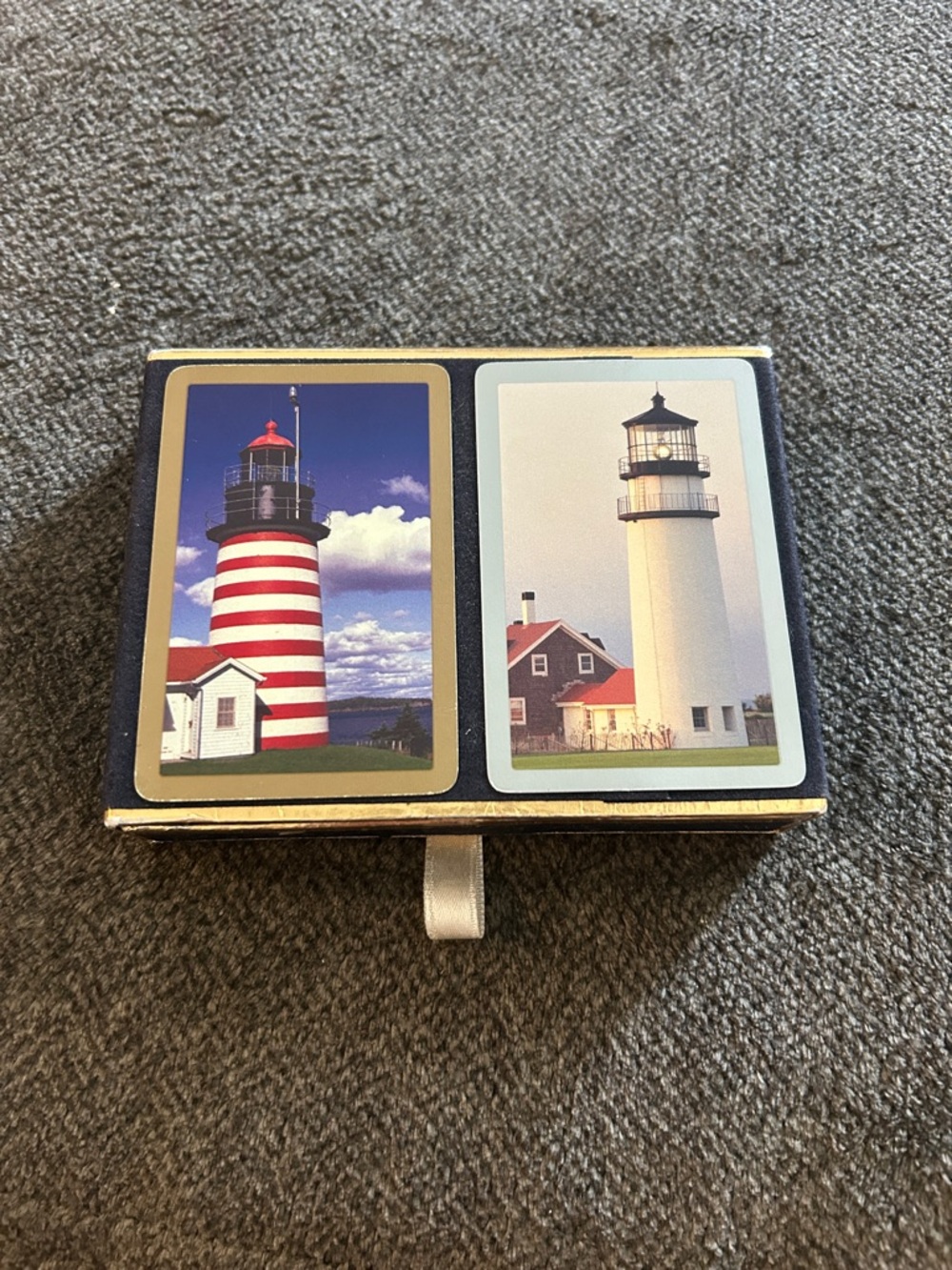 Congress Lighthouse Decorative  Nautical Card Panels in crushed velvet box. Used